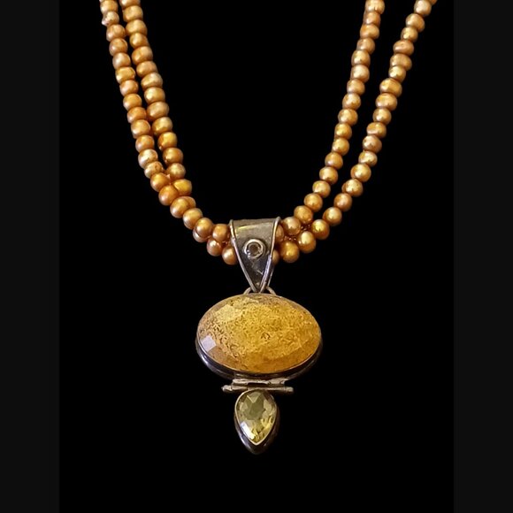 Vintage 925 Oxidized Silver Gold Double Layered Pearl Citrine Quartz Necklace 20